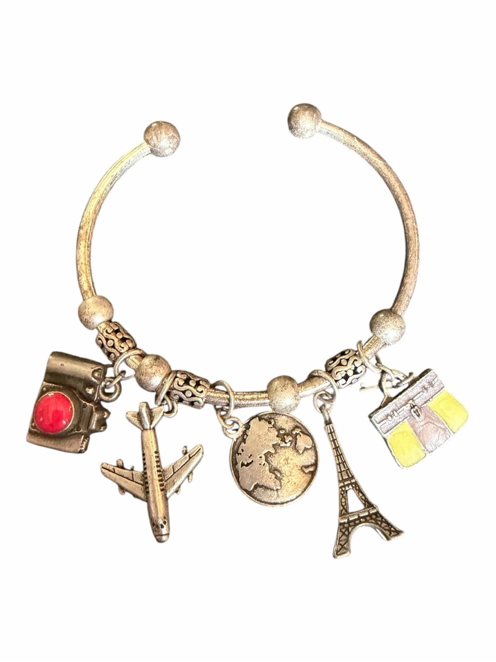 Travel Charm Bracelet Airplane Eiffel Tower World Globe Suitcase Cuff Bangle